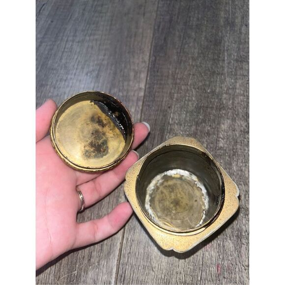 Antique Chinese Brass Tea Jar Caddy Enameled Relief Market Scent Jar - Picture 7 of 8